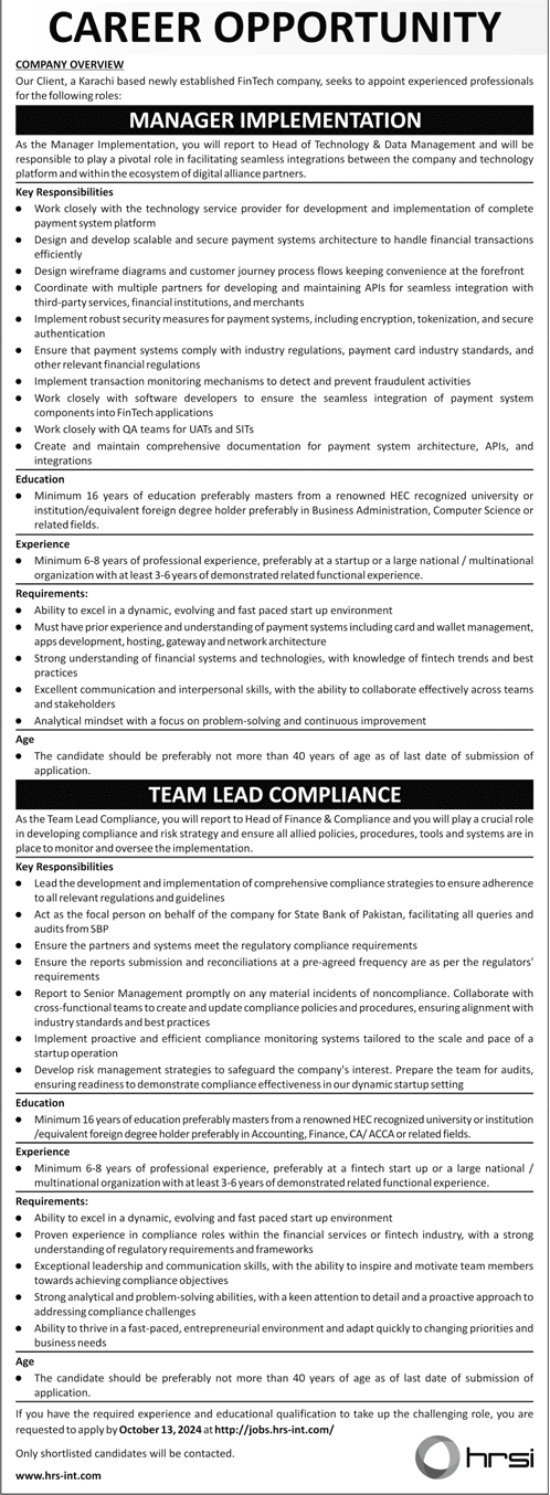 Human Resource Solution International HRSI Jobs 2024