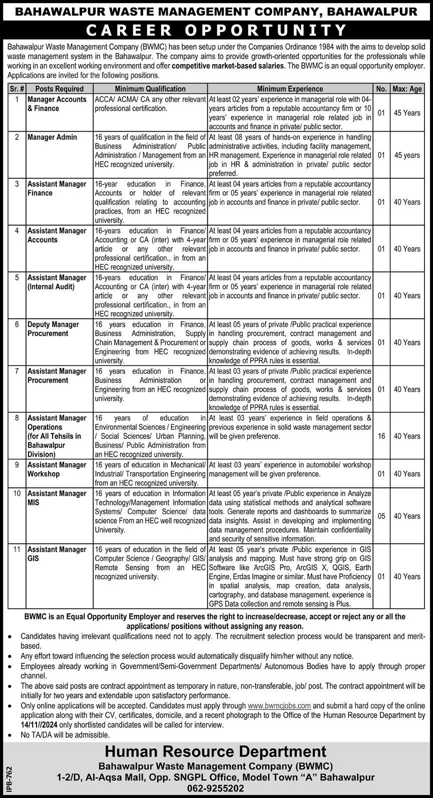 Bahawalpur Waste Management Company BWMC Jobs 2024