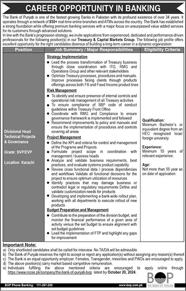 Bank of Punjab BOP Jobs 2024