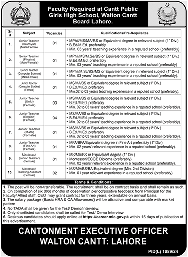 Cantt Public Girls High School Walton Cantt Lahore Jobs 2024