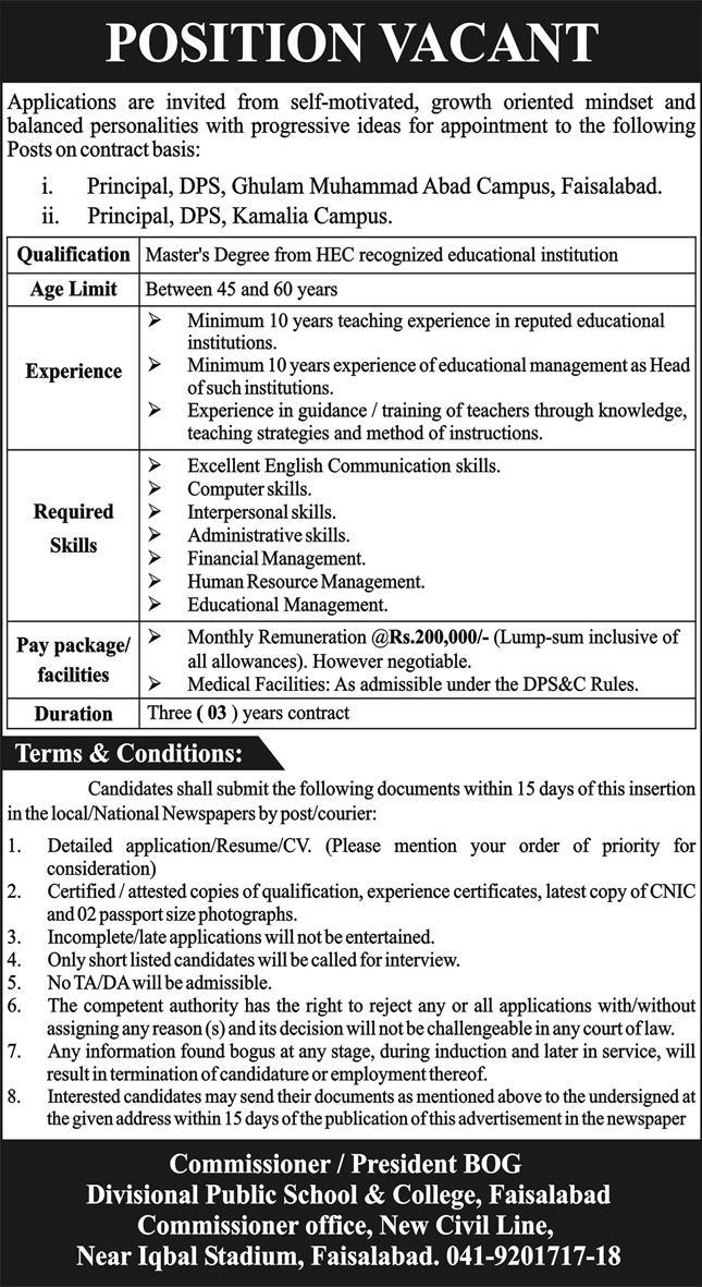 Divisional Public School DPS Faisalabad Jobs 2024