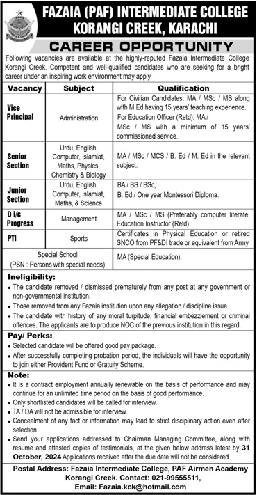 Fazaia Inter College PAF Korangi Creek Karachi Jobs 2024