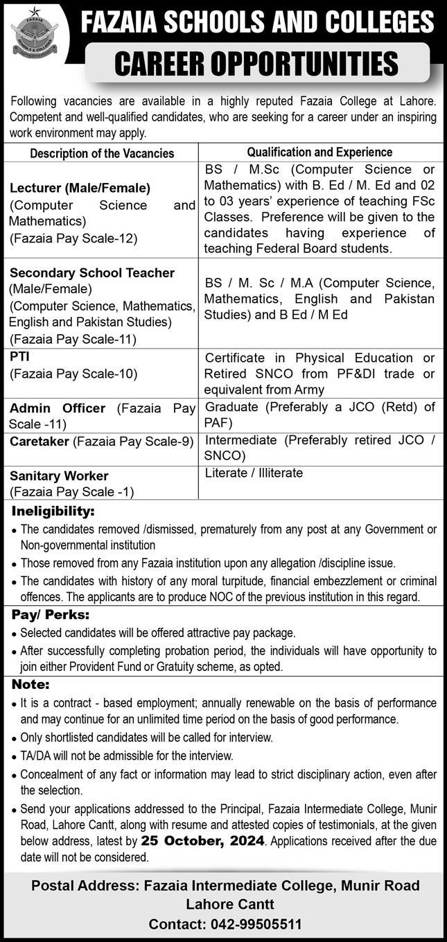 Fazaia Schools and Colleges Jobs 2024