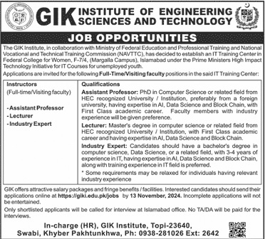 GIK Institute of Engineering Science & Technology Jobs 2024