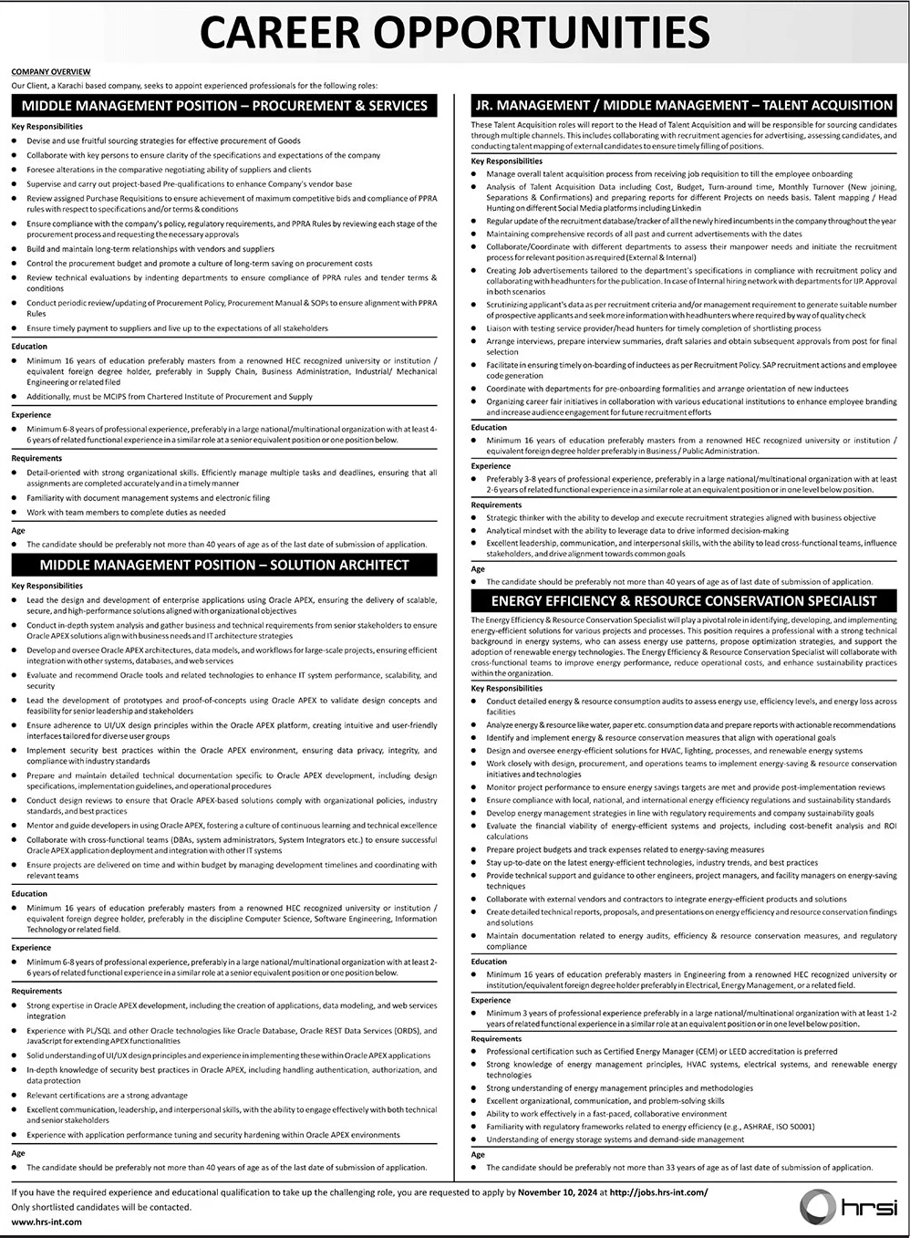 Human Resource Solution International HRSI Jobs 2024