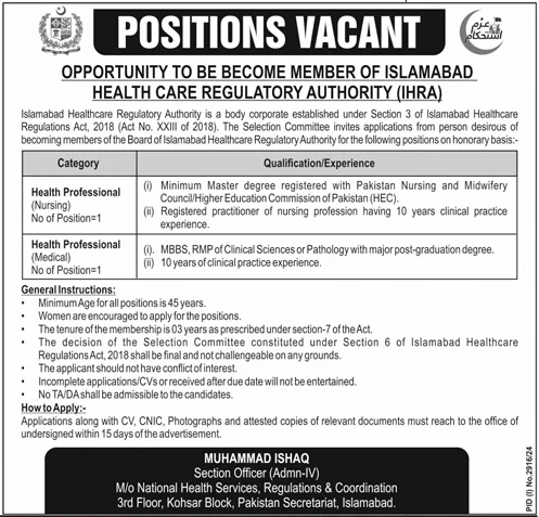 Islamabad Healthcare Regulatory Authority IHRA Jobs 2024