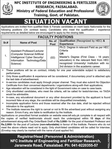 NFC Institute of Engineering and Fertilizer Research Jobs 2024