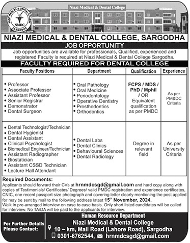 Niazi Medical & Dental College NMDC Sargodha Jobs 2024