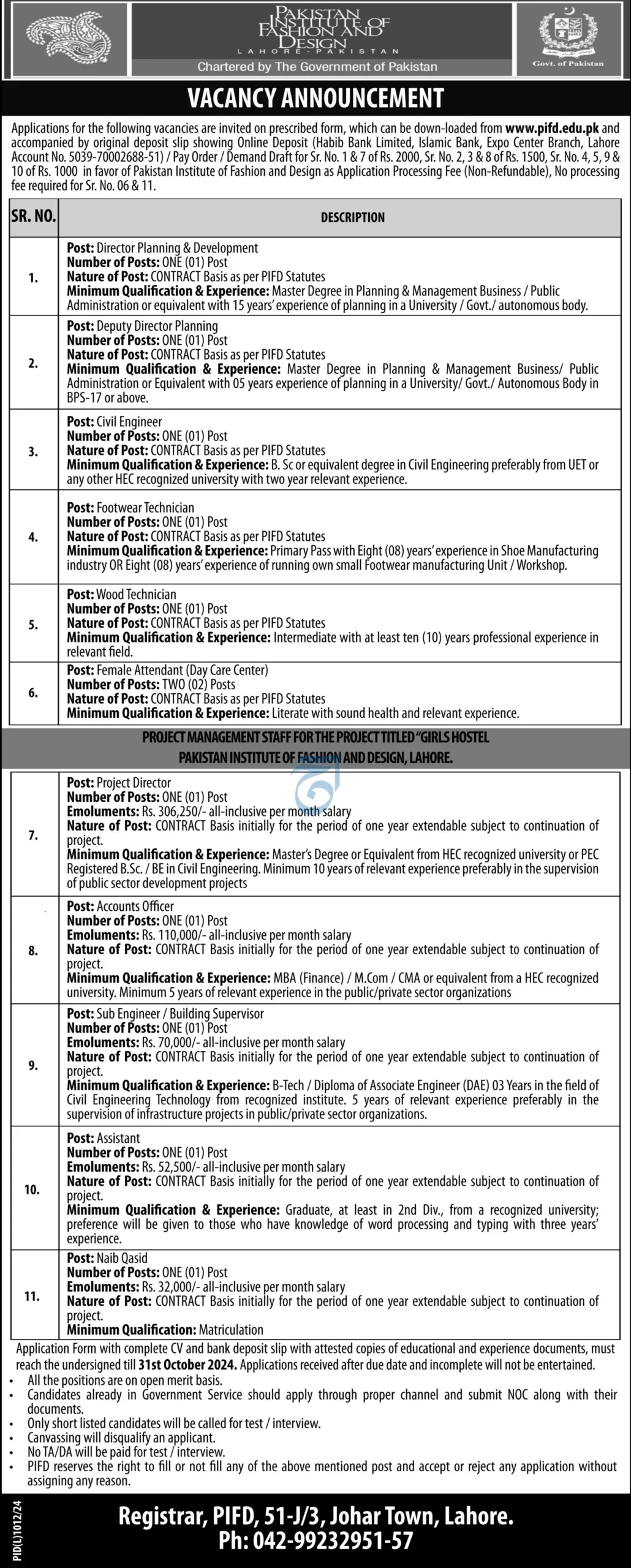 Pakistan Institute of Fashion and Design PIFD Jobs 2024