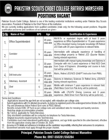 Pakistan Scouts Cadet College Batrasi Mansehra Jobs 2024