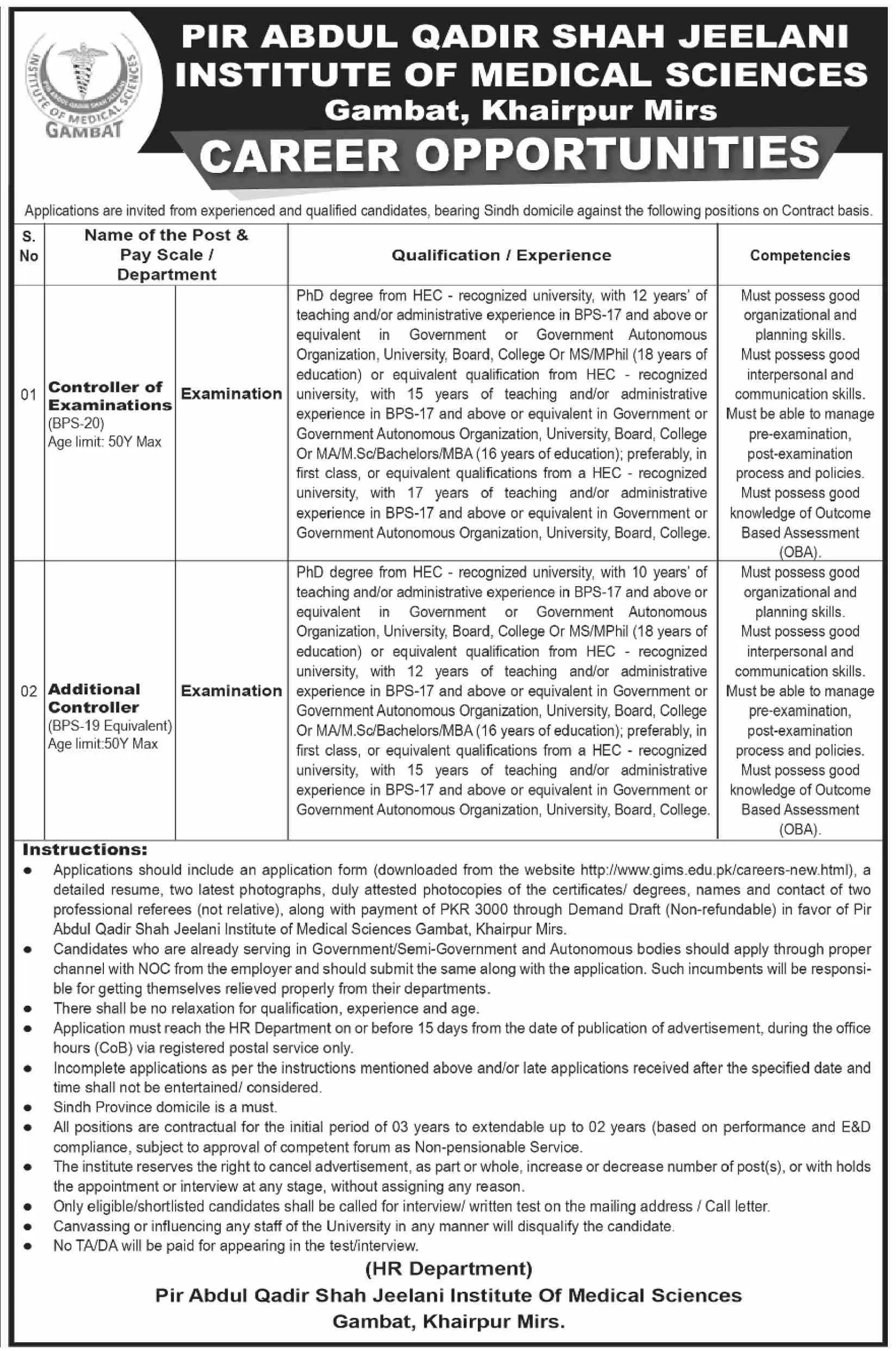 Pir Abdul Qadir Shah Jeelani Institute of Medical Sciences Jobs 2024