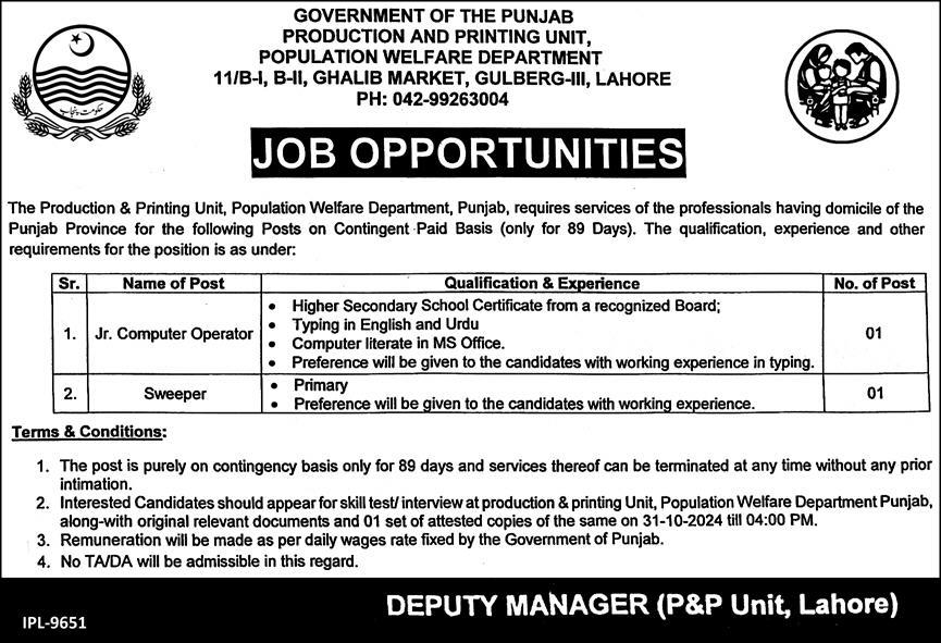 Population Welfare Department Punjab Jobs 2024