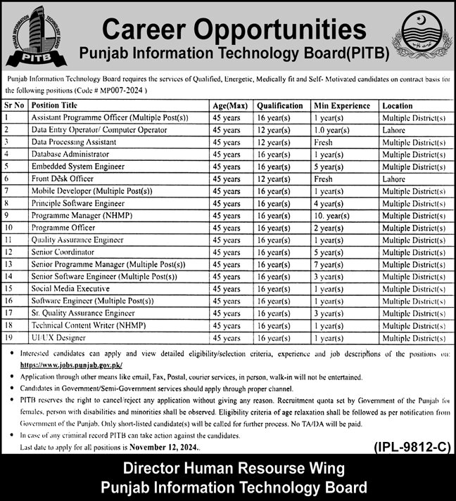 Punjab Information Technology Board PITB Jobs 2024