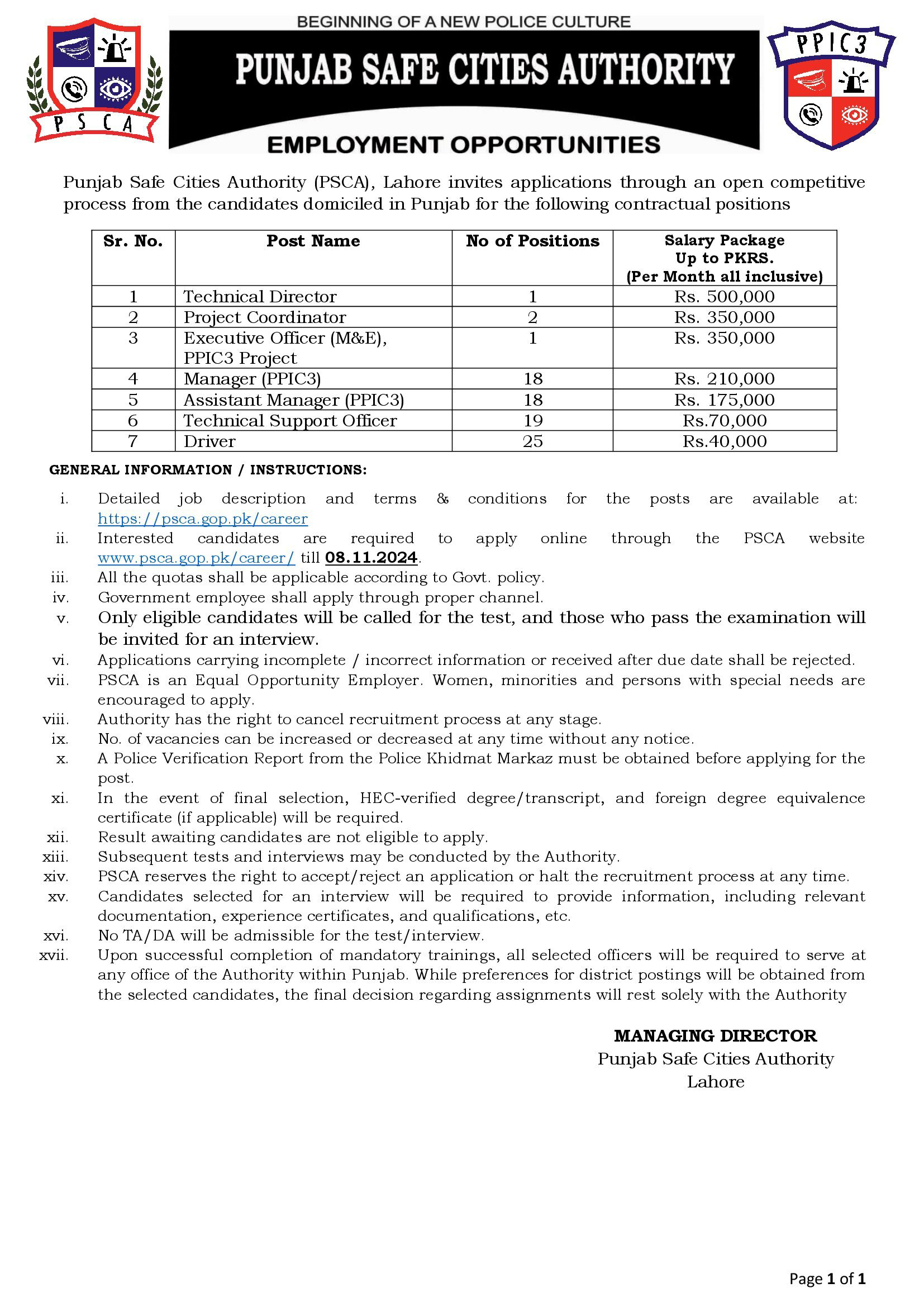 Punjab Safe Cities Authority PSCA Jobs 2024