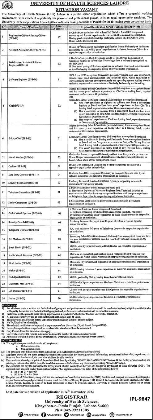 University of Health Sciences UHS Lahore Jobs 2024