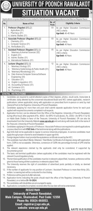 University of Poonch Rawalakot Jobs 2024