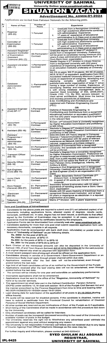 University of Sahiwal Jobs 2024