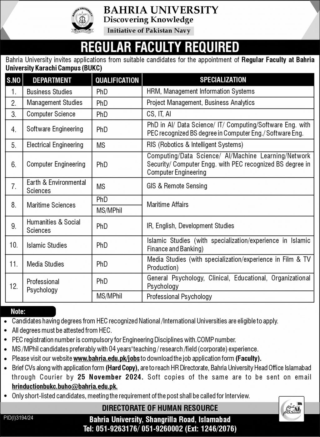 Bahria University Karachi Campus Jobs 2024