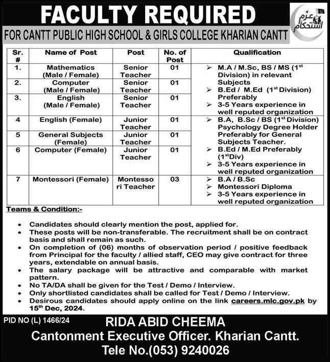 Cantt Public High School & Girls College Kharian Cantt Jobs 2024