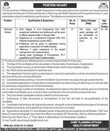 Health Department Balochistan Jobs 2024