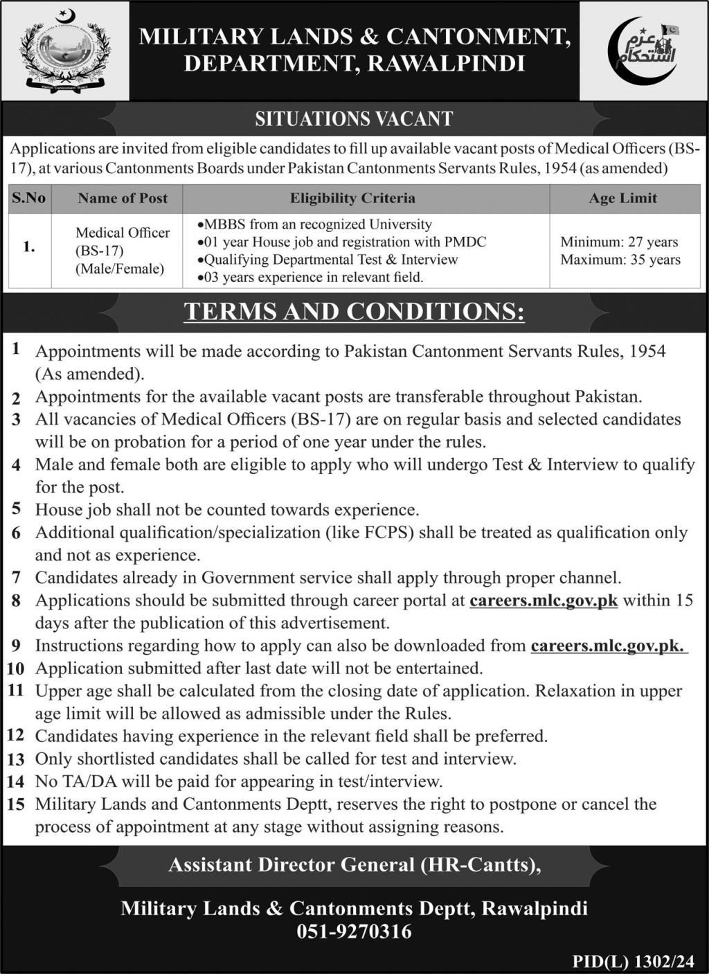 Military Lands & Cantonments Department Jobs 2024