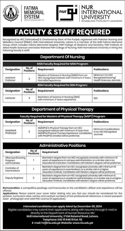 NUR International University Lahore Jobs 2024