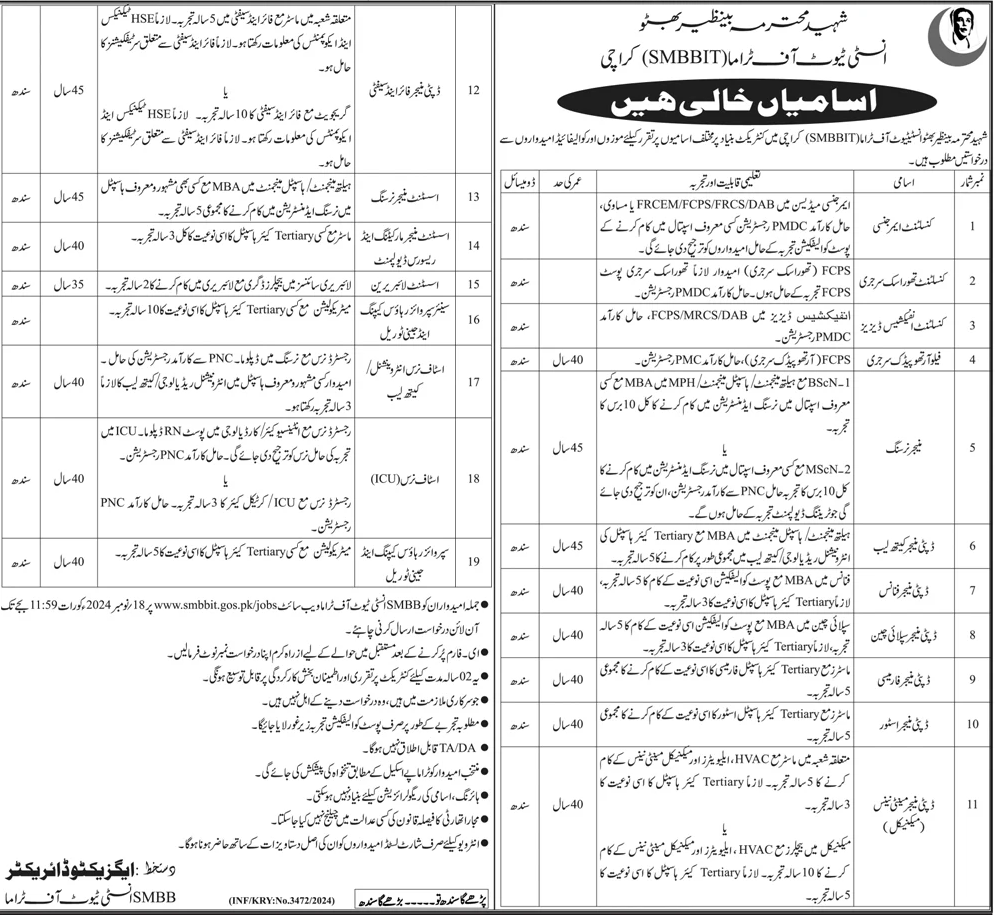 Shaheed Mohtarma Benazir Bhutto Institute of Trauma SMBBIT Jobs 2024