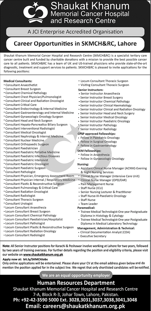 Shaukat Khanum Memorial Cancer Hospital Jobs 2024