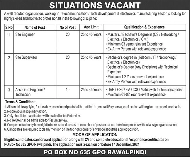 PO Box No 635 GPO Rawalpindi Jobs 2024