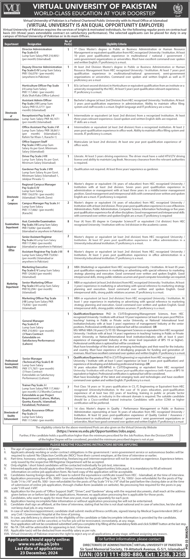 Virtual University of Pakistan Jobs 2024